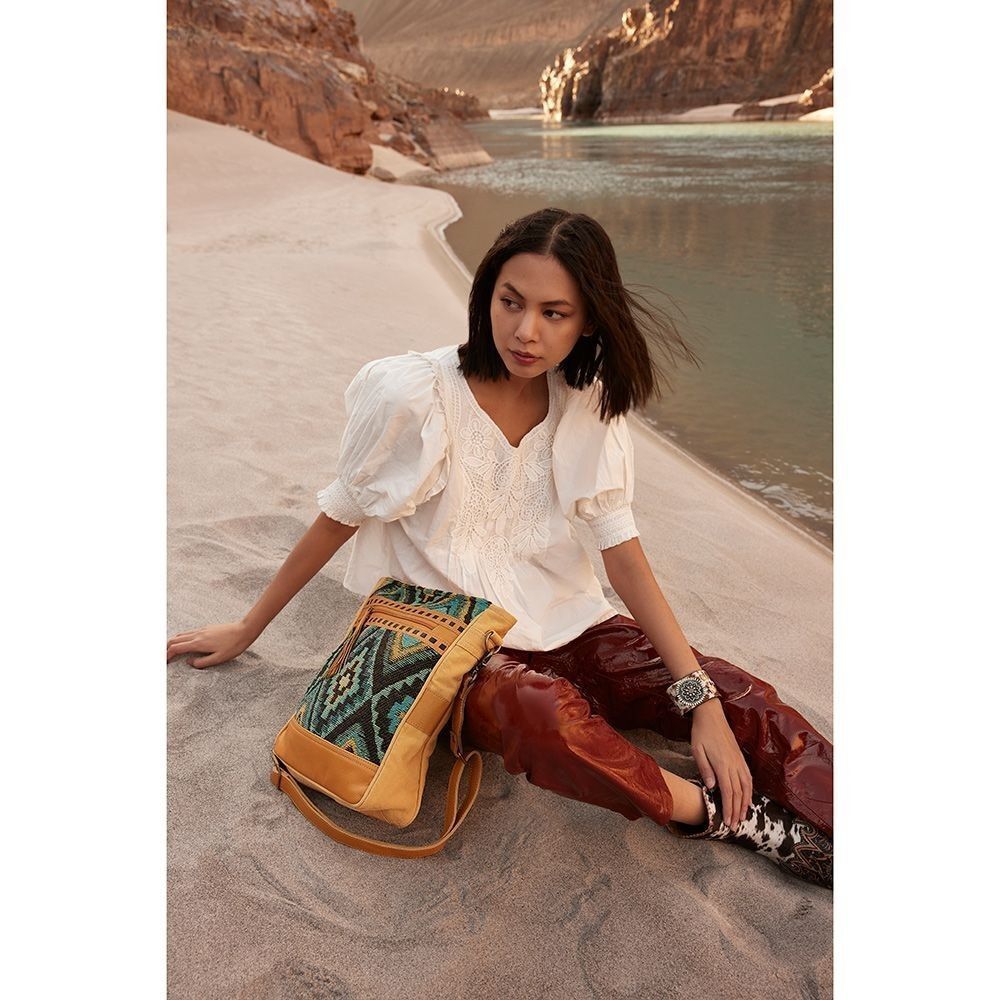 Myra Bag Handmade Sunridge Shoulder Bag Upcycled Canvas & Cowhide Leather
